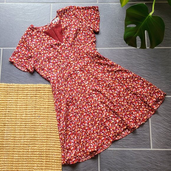 Madewell V-Neck Spring Prairie Orange-Red Ditsy Floral Button Front Mini Dress 2 - Picture 6 of 14